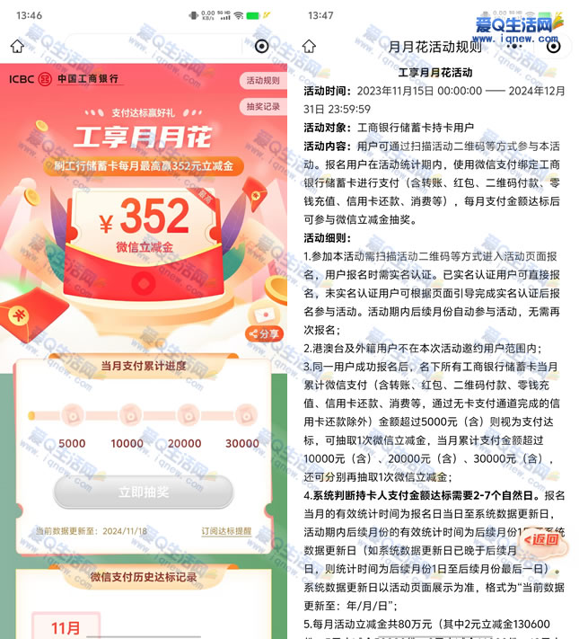 工行工享月月花消费达标领最高352元立减金优惠活动-玖速优品